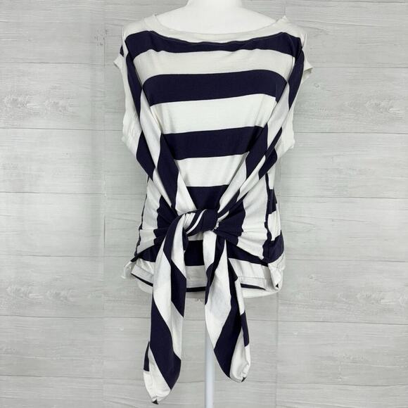 Anthropologie Maeve Tie Front Wrap Tee Shirt Size L Navy White Rugby Striped - Picture 2 of 14